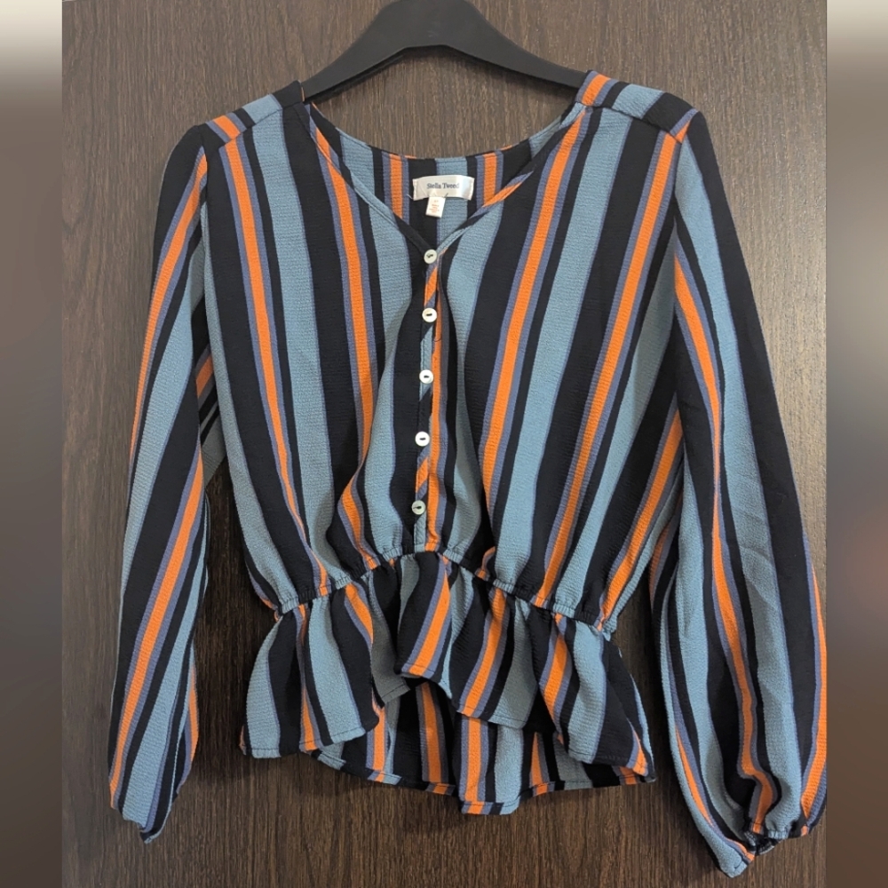 Stella Tweed Peplum Blouse Small – Striped Ruffle Long Sleeve Top